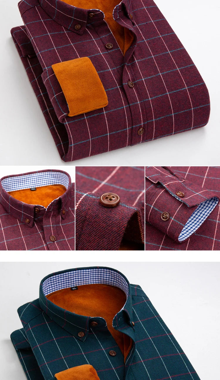 Longsleeve Shirts for Men 2025 Autumn Winter New Warm Plus Velvet Thick Cotton Lapel Casual Plaid Shirts Brand Mens Clothing