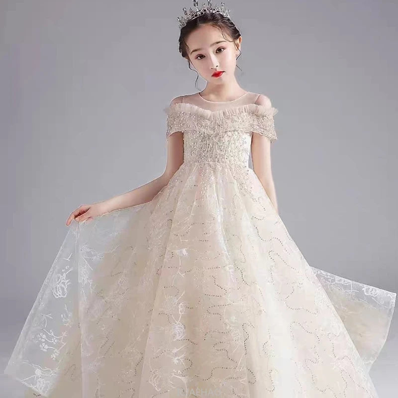 Long Dress 2025 Flower Girl Wedding Dresses Vestido Princess Gown Costume Kids Host Piano Outfits Children Girls Birthday Party