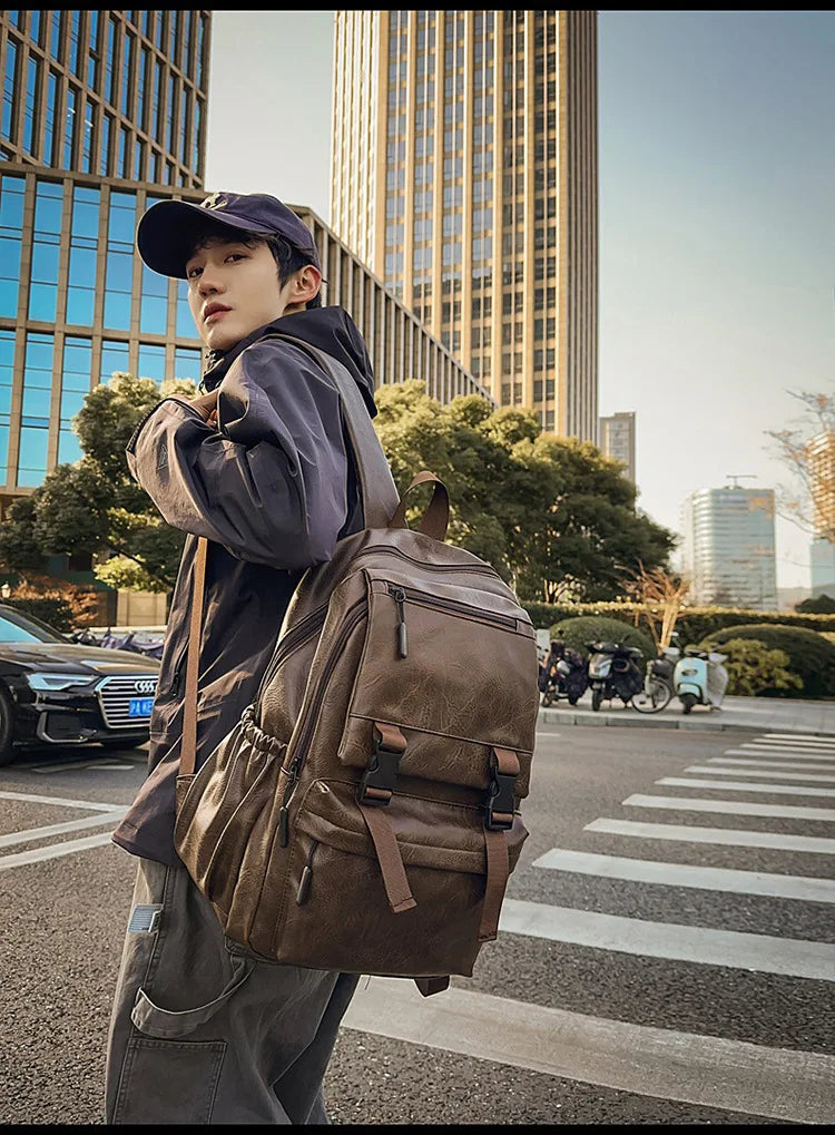 Men's Backpack Fashion Pu Leather Waterproof Man Laptop Bag Korean Backpacks Large School Bag Male Rucksack Student Pc Bagpack