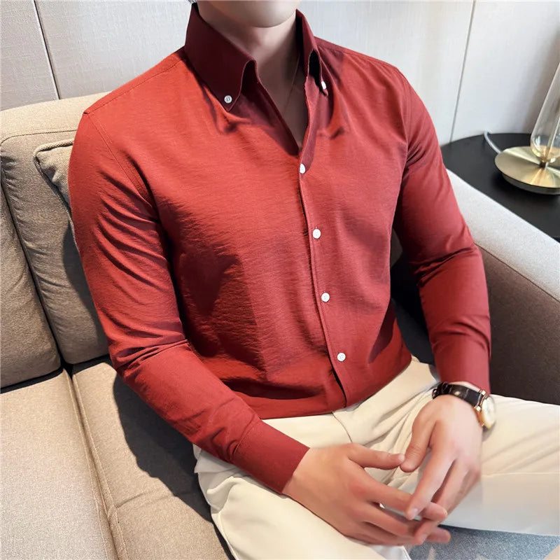 Long Sleeves Shirts for Men Light Thin Fashion Fold Process Wine Red Solid Casual Shirt Men Social Dress Shirt Slim Fit Tuxedo
