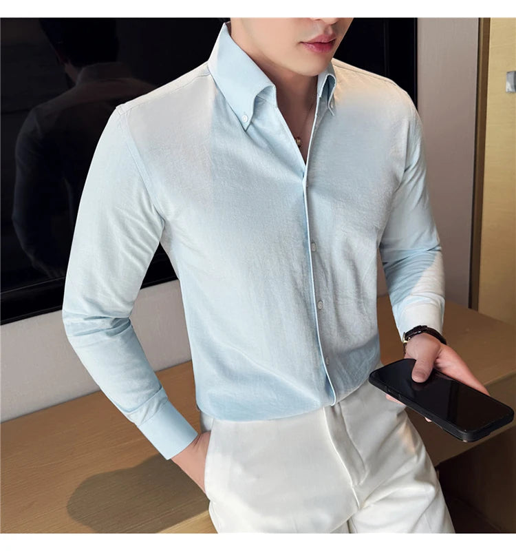 Long Sleeves Shirts for Men Light Thin Fashion Fold Process Wine Red Solid Casual Shirt Men Social Dress Shirt Slim Fit Tuxedo