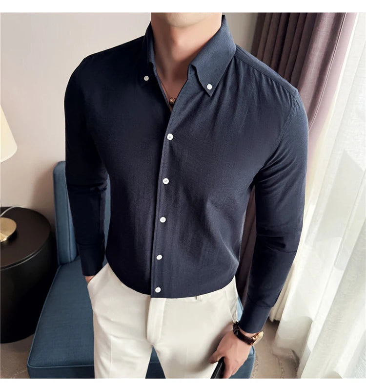 Long Sleeves Shirts for Men Light Thin Fashion Fold Process Wine Red Solid Casual Shirt Men Social Dress Shirt Slim Fit Tuxedo