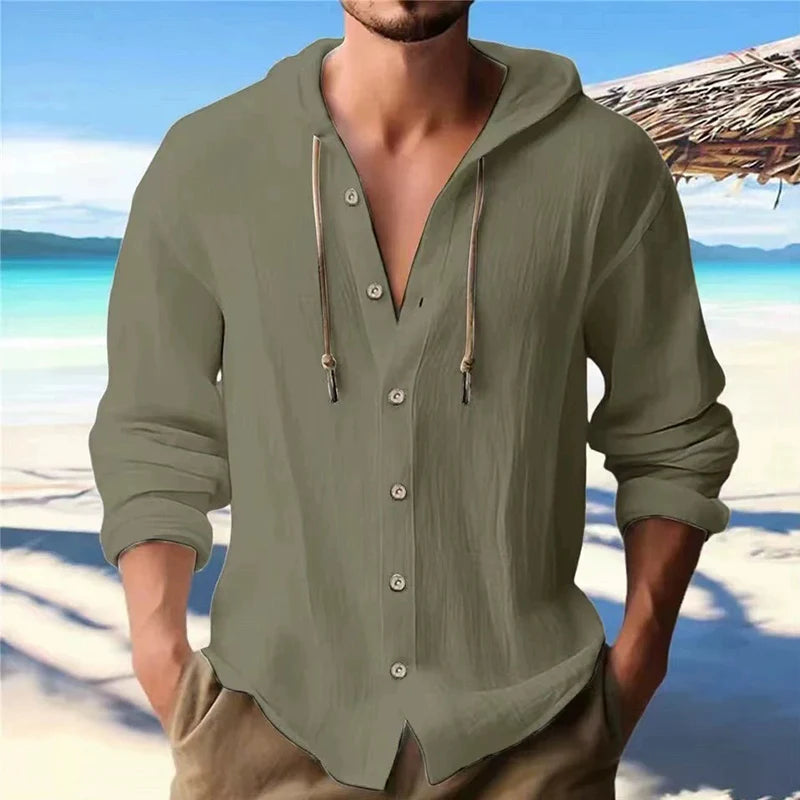 Men's Solid Linen Long Sleeve Hooded Shirt Casual Streetwear Button Top Loose Fit Cardigan Clothing for Men