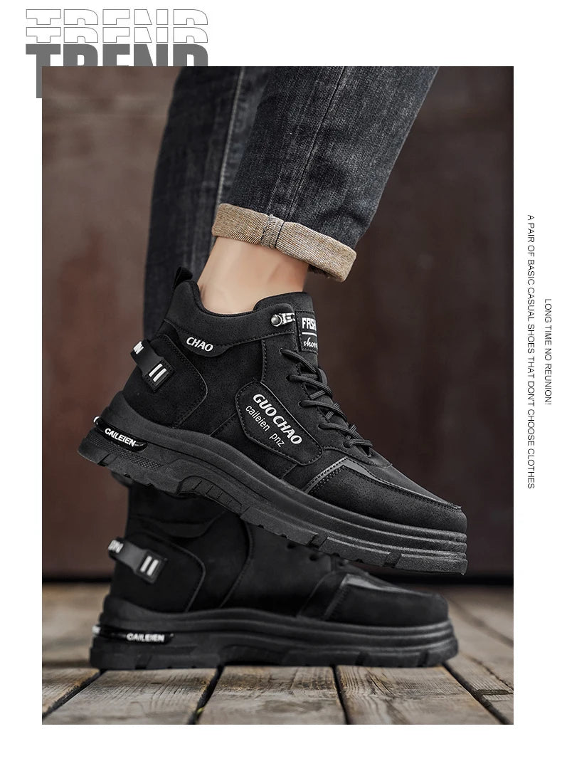 High Top Boots Four Season Outdoor Work Shoes Men's Anti Slip and Comfortable Black Boots Fashion British Casual Leather Boots