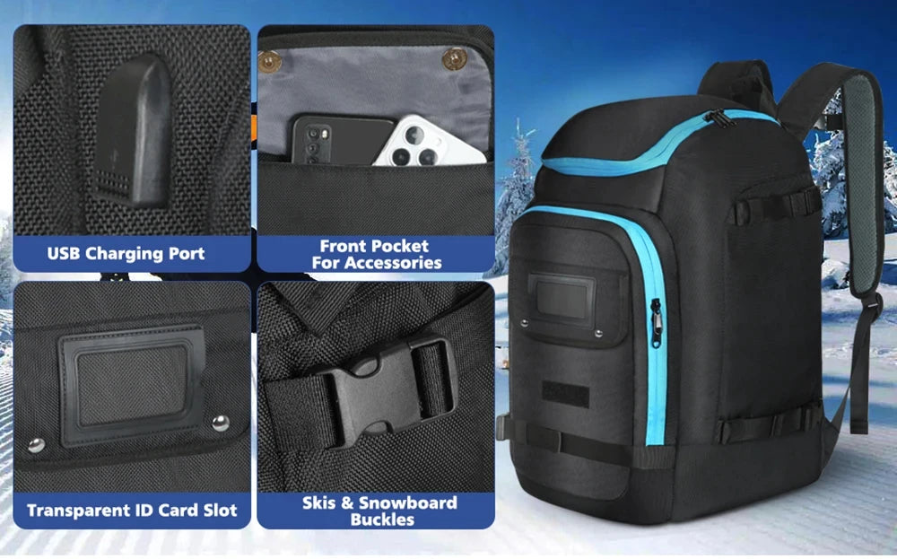 Ski Backpack Ski Boot Bag Lightweight Skiing Snowboarding Storage Bag Waterproof Ski Helmets Gloves Bag Outdoor Sports Supplies