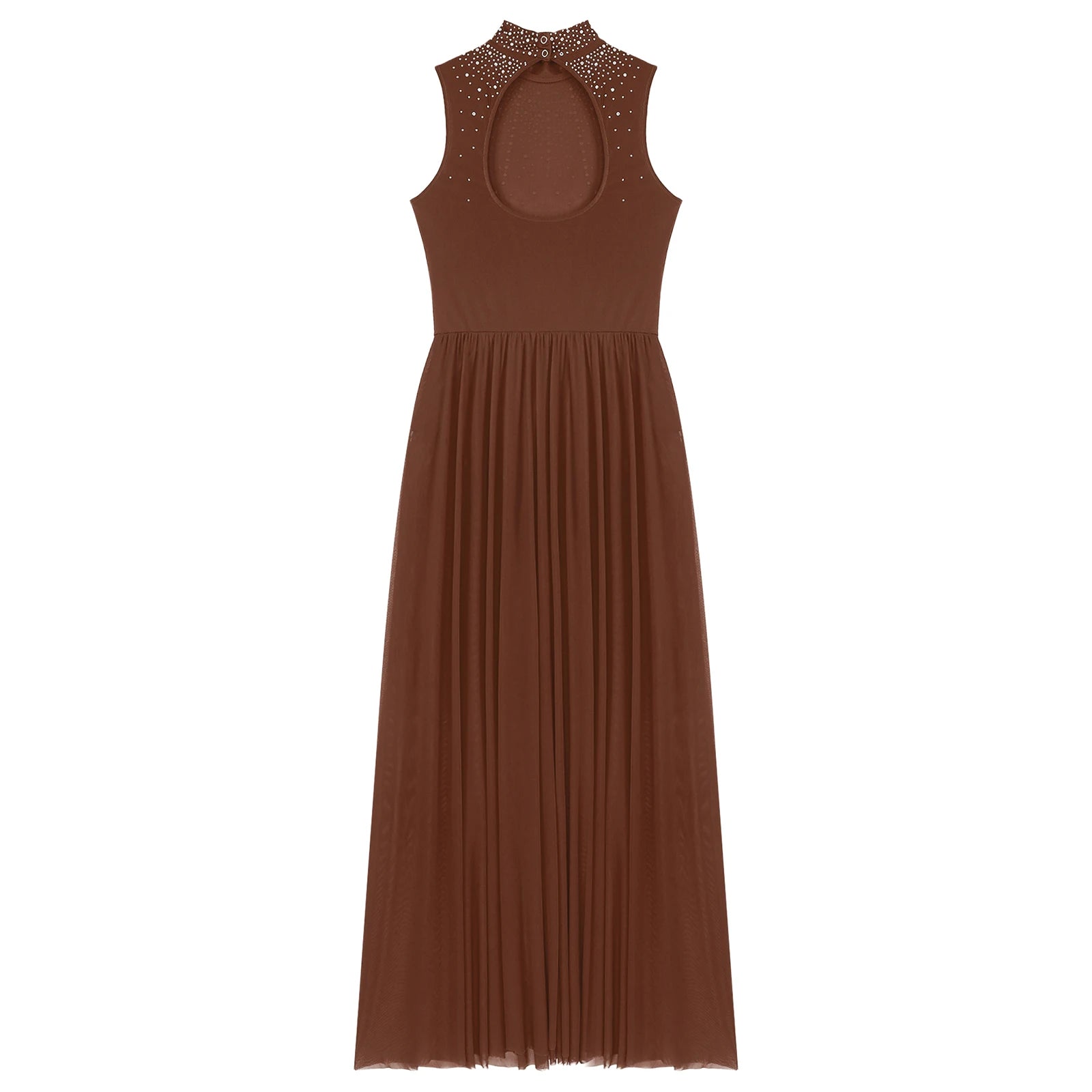 Womens Lyrical Dance Dresses Mock Neck Wide Hemline Shiny Rhinestones Maxi Dress Sleeveless Modern Contemporary Leotard Dresses