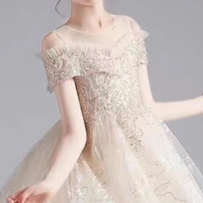 Long Dress 2025 Flower Girl Wedding Dresses Vestido Princess Gown Costume Kids Host Piano Outfits Children Girls Birthday Party