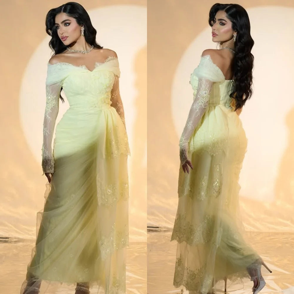 Customized Modern Style Intricate Lace Sequined Pleat Straight Off-the-shoulder Long Dresses Bespoke Occasion Dresses Fashion