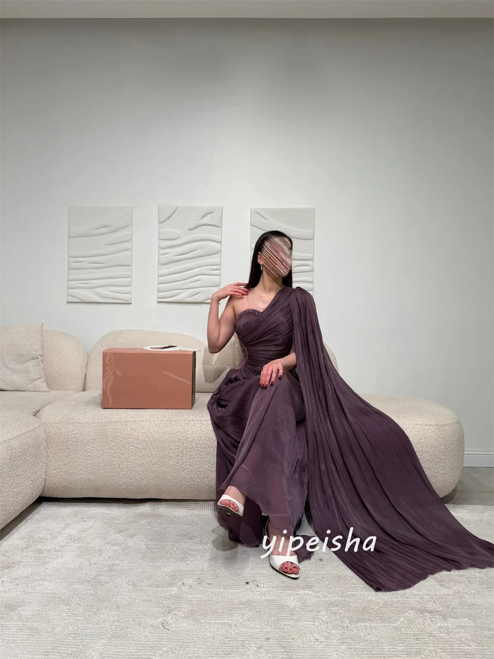 Customized Intricate Luxurious Chiffon Pleat Draped Beading Sequined A-line One-shoulder Long Dresses Evening Dresses Formal