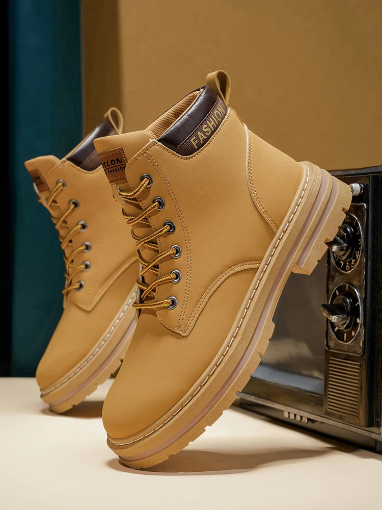 Men's Fashionable High-Top Yellow Boots Casual Shoes Outdoor Off-Road Hiking Boots Trendy Comfortable Footwear