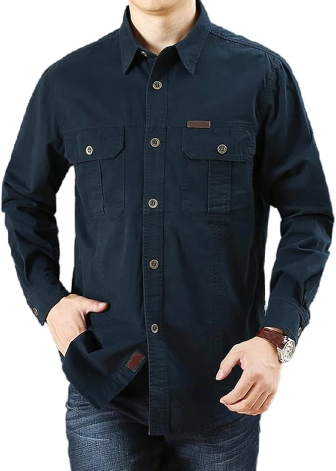 Men's Long Sleeve Cargo Shirt Casual Cotton Shirts Spring Autumn Button Down Pockets Sports Military Hiking Camping Shirt