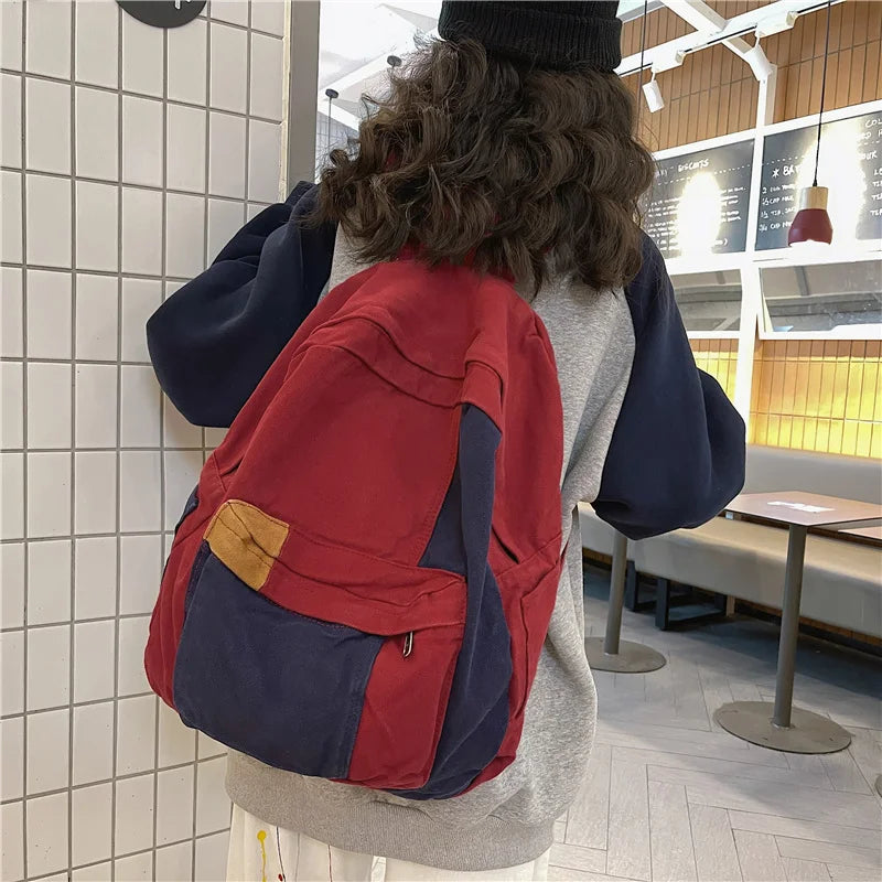 Fashion Panelled Women Backpack Canvas Kawaii Girl Travel Book Bags College Lady Laptop Backpacks Cute Travel Rucksack Schoolbag