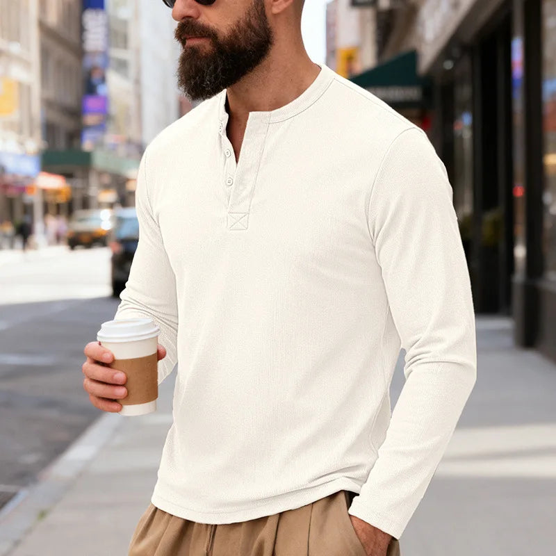 2025 NEW Men's Long Sleeve Henley Shirts Spring Autumn Daily Casual Solid Color Pullover Tops Mens Fashion T Shirt