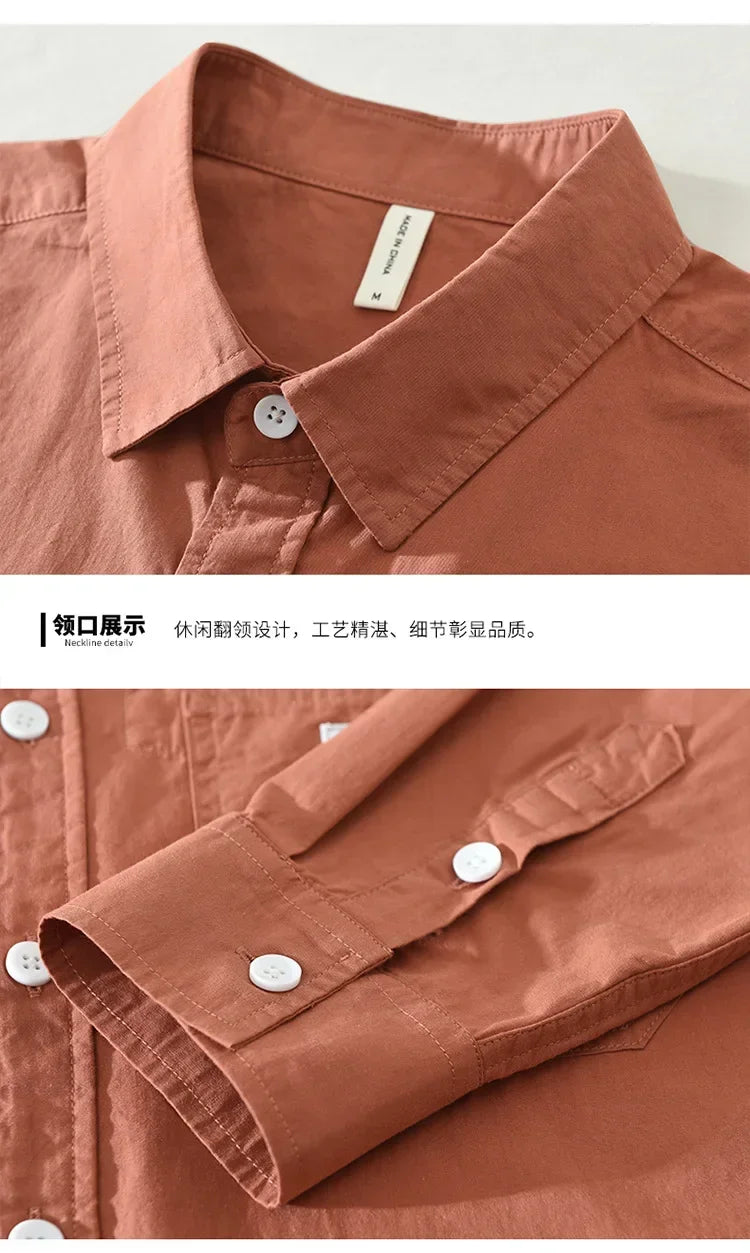 Japanese Fresh Mens Long Sleeve Shirts Spring Summer Daily Casual Man Shirts Lapel Pocket Yellow Shirt Pure Cotton Top Simple