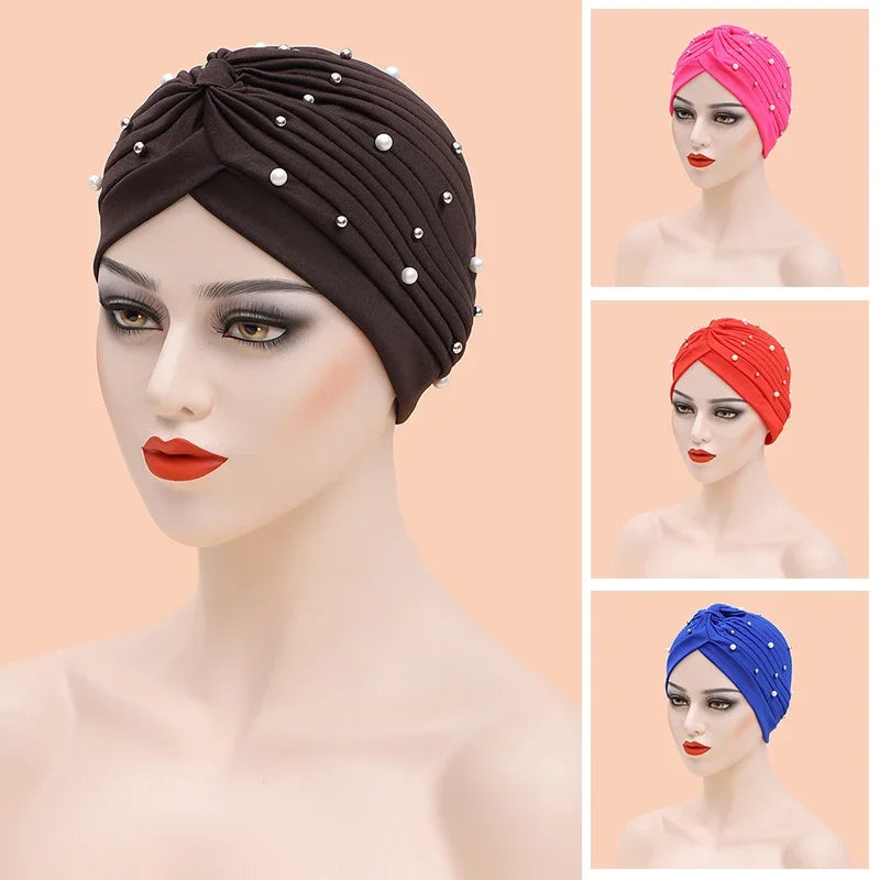 India Hat Hijabs Cap African Headwrap Ladies Head Wraps Women Beaded Turban Bonnet Soild Color Cotton Turban Hat Inner Hijab Cap