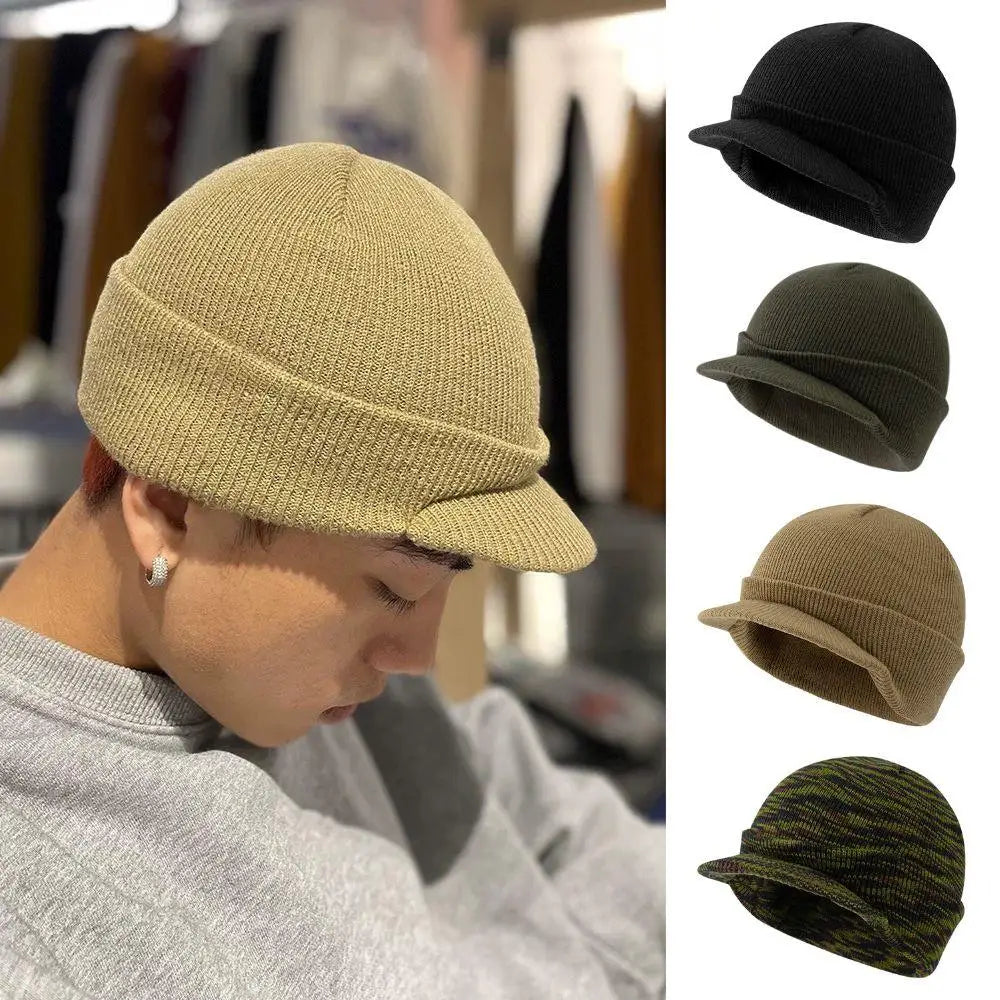 Solid Color Short-brimmed Hats Army Style Knitted Hat Peaked Caps Autumn Winter Versatile Warm Hats Fashion Knitting Men‘s Hats