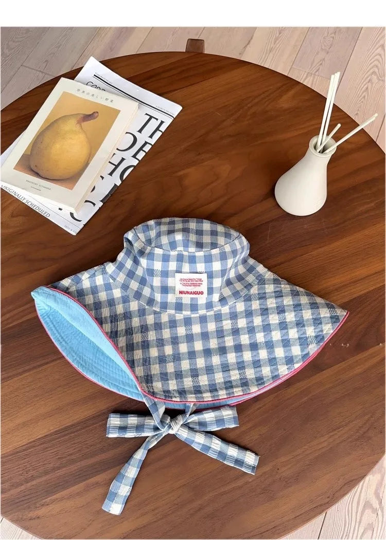 Women's Cute Hat Korean kawaii Checkered Fisherman's Hat Summer Sun Protection Shading Hat Big Head Double Basin Hat Funny Hat