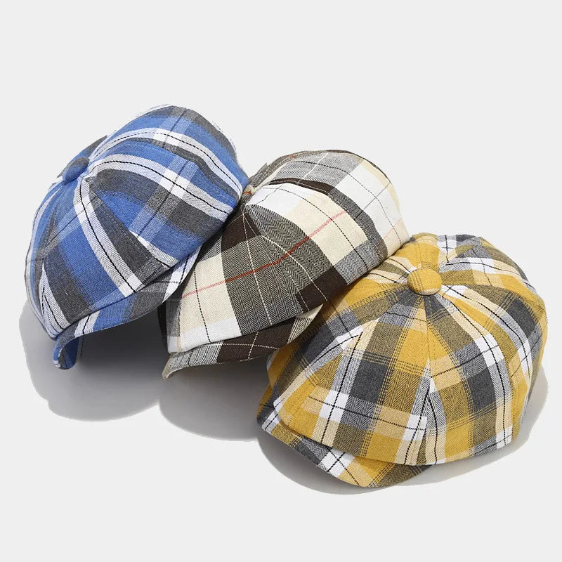 Men Women Autumn New Checkered Octagonal Hats Art Retro Newspaper Children's Hats Men's Casual Painter Duck Tongue Hats