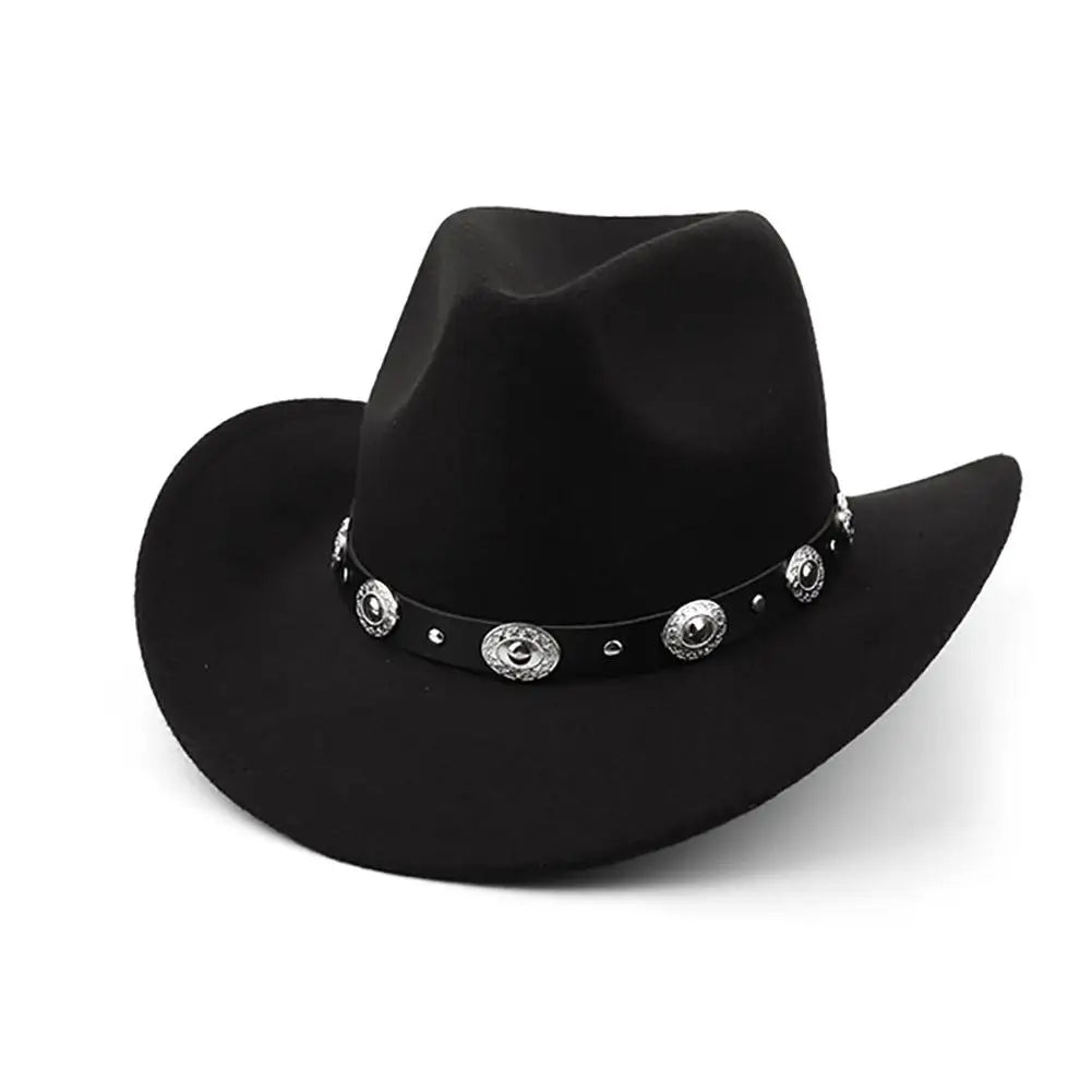 Womens Felt Western Cowboy Hats Studded Pinched Western Cowgirl Hats Wide Brim Retro Fedoras Hat Belt Buckle Vacation Party Hat