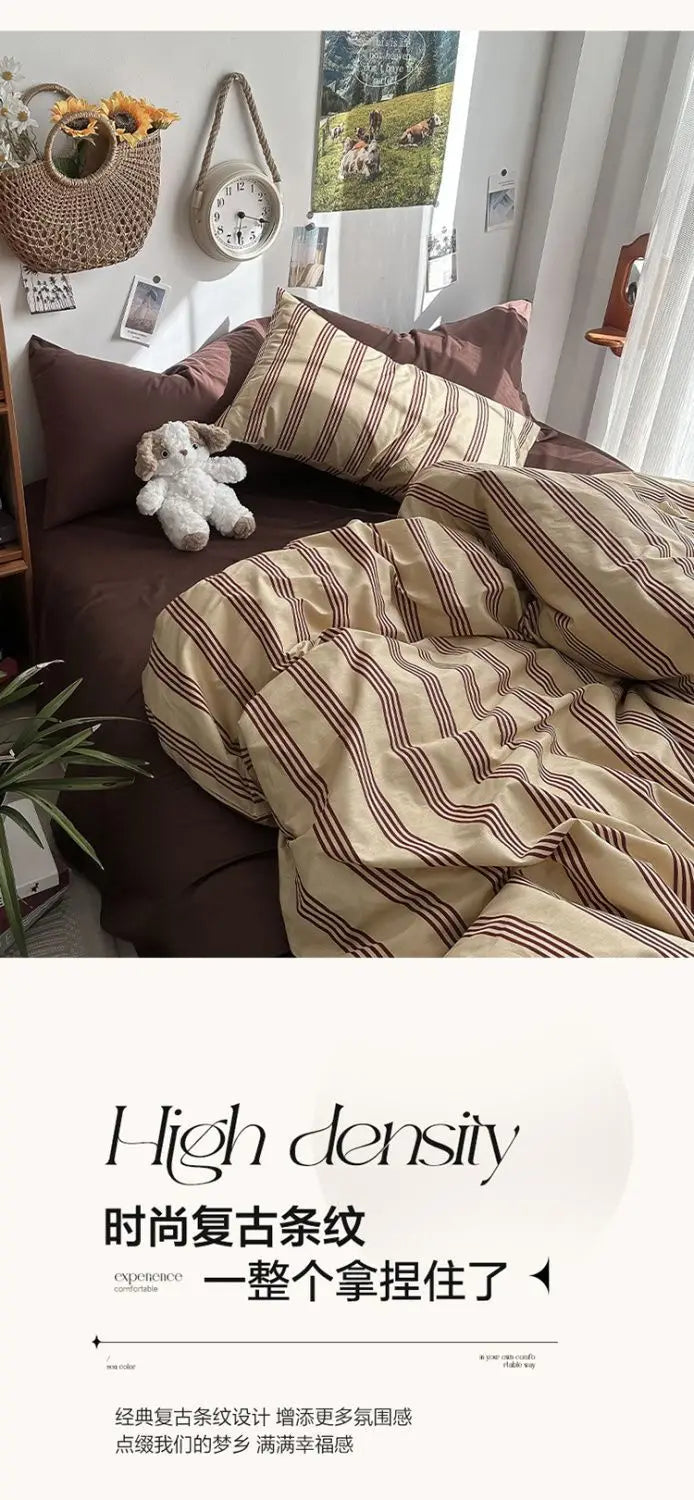 Bedding Set Ins Ambiance Blue Coffee Grid Mixed With Washed Cotton Minimalist Four Piece Set Fitted Sheets Duvet Cover