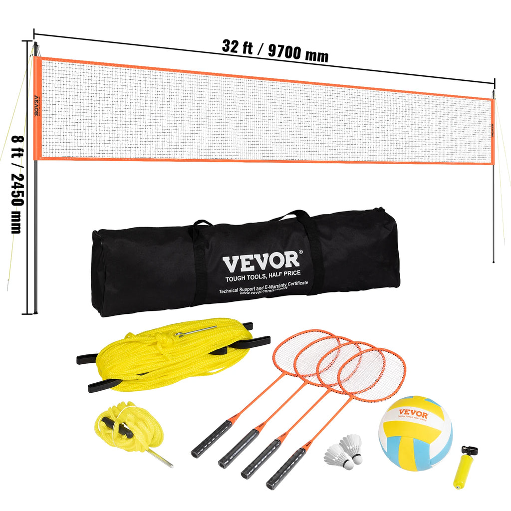 SucceBuy Outdoor Volleyball & Badminton Set Adjustable Steel Poles Professional Combo Set with Carrying Bag for Backyard Beach