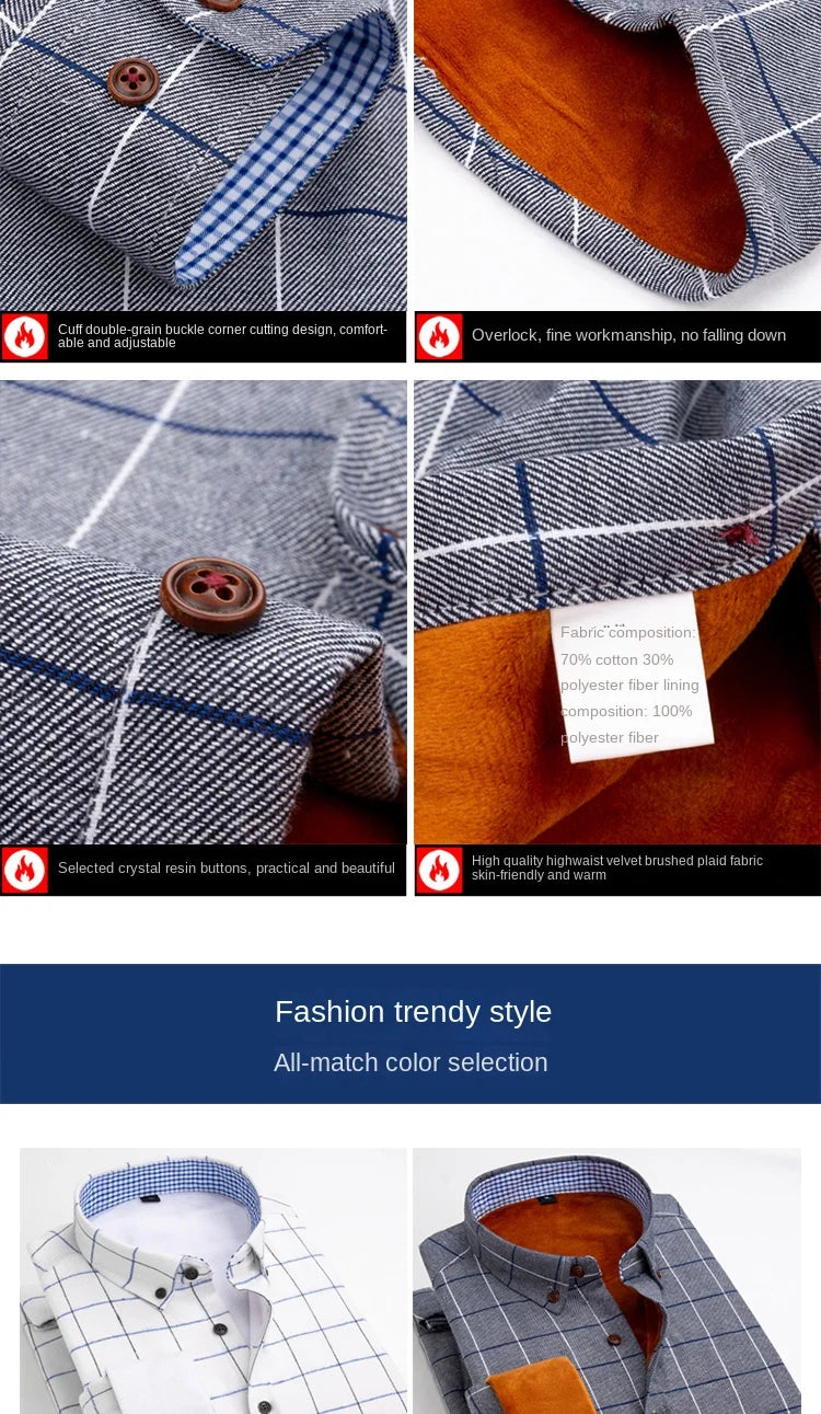 Longsleeve Shirts for Men 2025 Autumn Winter New Warm Plus Velvet Thick Cotton Lapel Casual Plaid Shirts Brand Mens Clothing