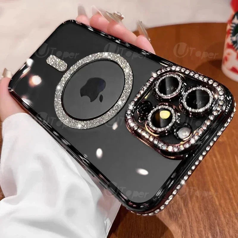 Fashion Girl Pink Crystal Glitter Transparent Magnetic Case For iPhone 16 15 11 12 13 14 Pro Max Wireless Charging Diamond Cover