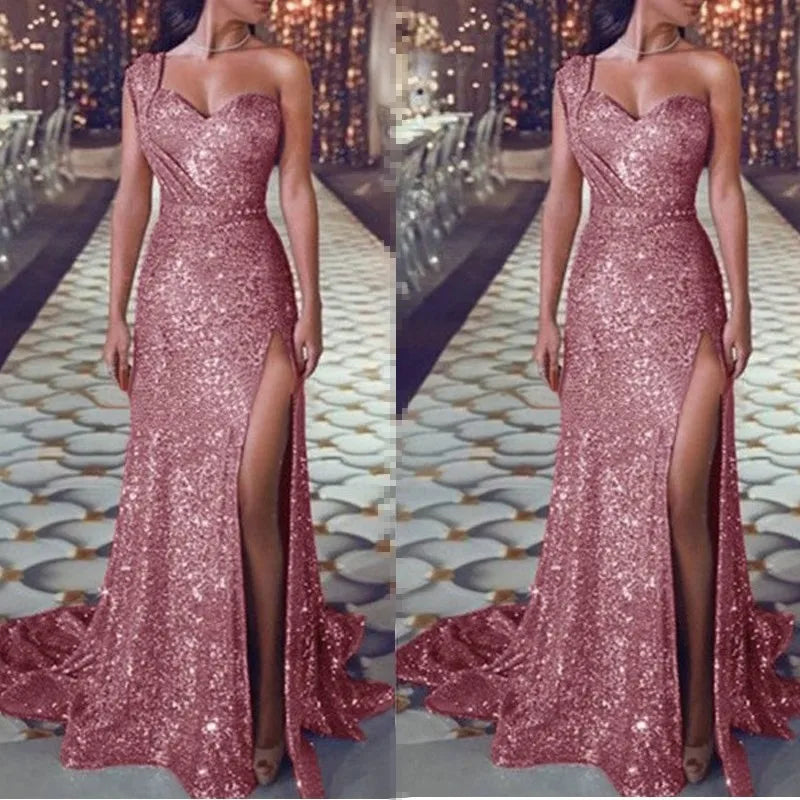 2026 Women's Wedding Party Dress Evening Elegant Sexy Deep V Neck One Shoulder Sleeveless Sequined Long Maxi Dresses For Women