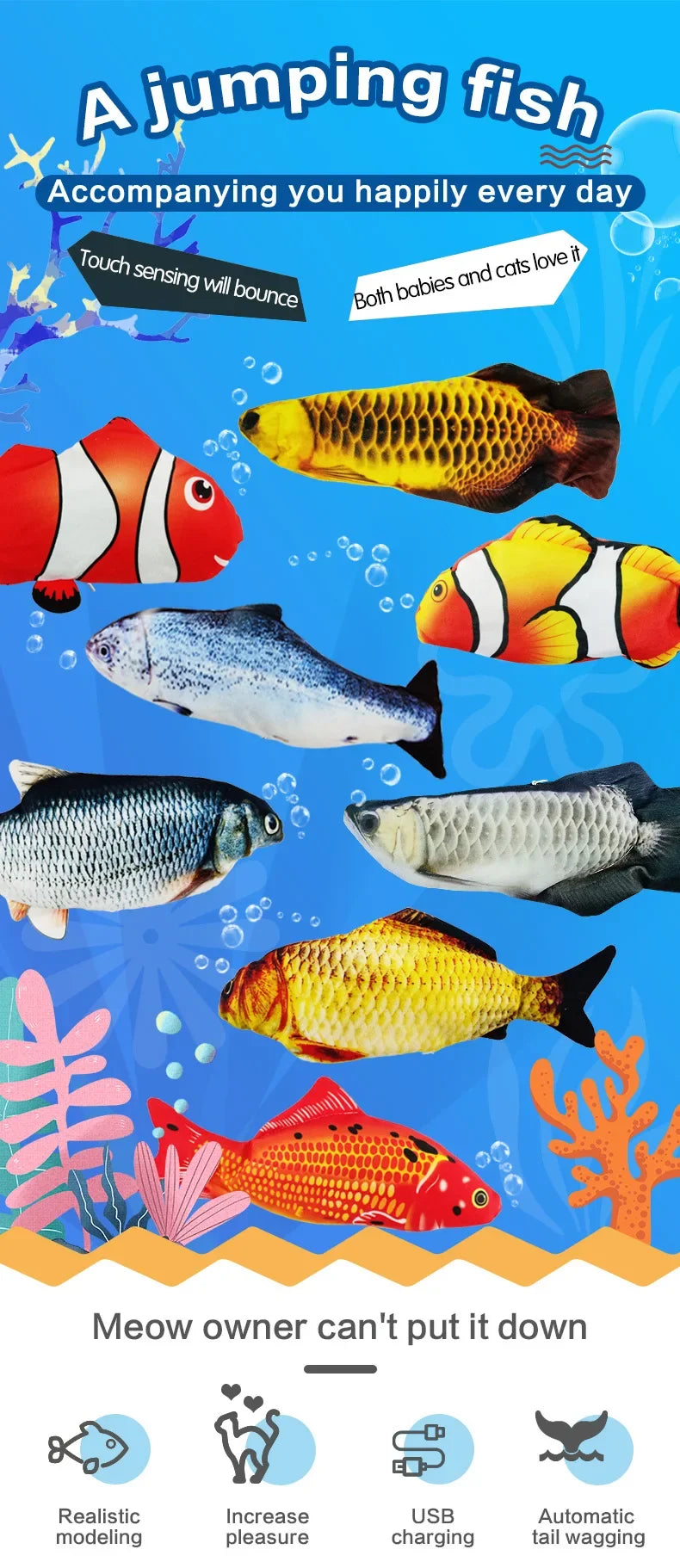 Cat Toy Electric Flopping Fish USB Rechargeable Interactive Jumping Simulation Fish Funny Pet Toy for Cats Kitten Chew Play