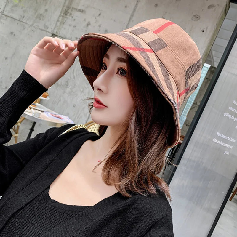 2025 New Fisherman Hats for Women Casual Shade Sun Hat Checked Suede Fabric Basin Hat Casual Folding Warm Hats Bucket Hat Women