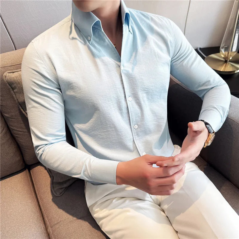 Long Sleeves Shirts for Men Light Thin Fashion Fold Process Wine Red Solid Casual Shirt Men Social Dress Shirt Slim Fit Tuxedo