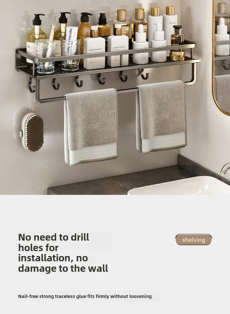 Bathroom storage rack, non perforated washbasin, hand washing and shower area, shower gel wall storage rack
