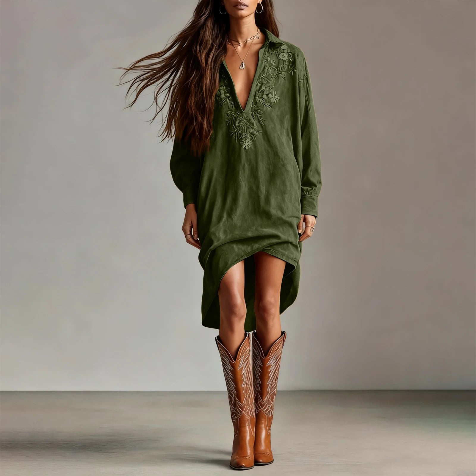 Dresses Womens Shirt Dress Terracotta Suede Embroidered High-Low Puff-Sleeve Bohemian Stylish Outfit Daily 2026 Trendy Vestido