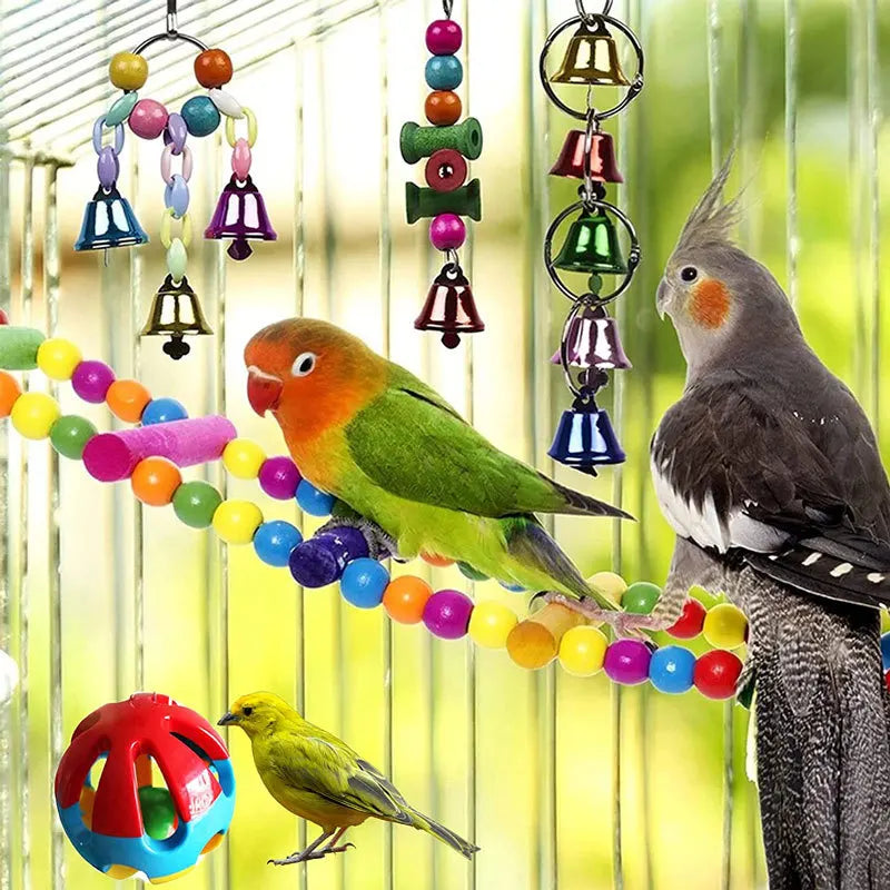 Bird Toy Wood Parrot Toys Set Cage Bird Accessories Swing Suspension Bridge Ball Cage Bells Pet Supplies juguetes para pájaros