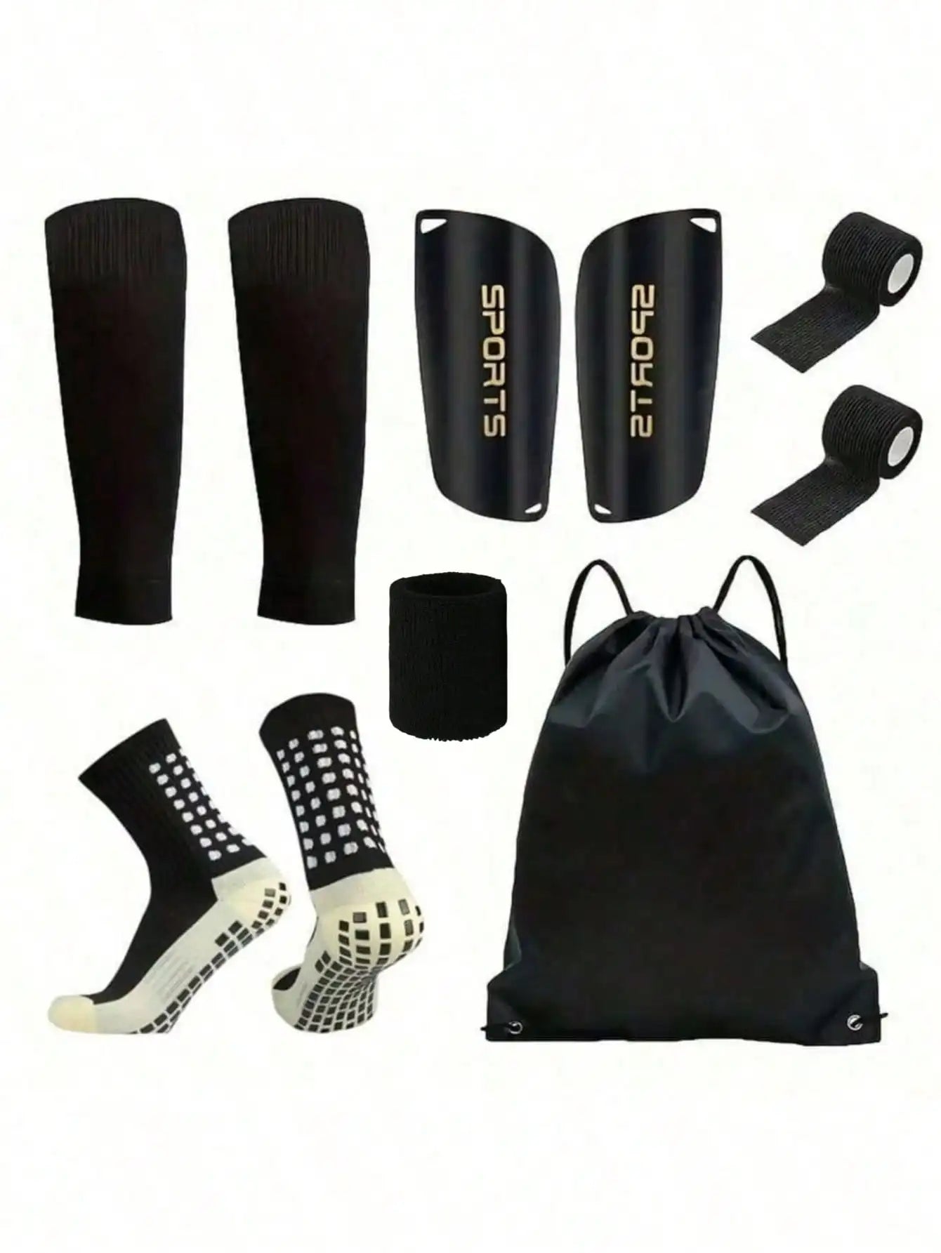 6-Piece Soccer Gear Set - Includes Grip Socks, Shin Guards, Protective Gear & Drawstring Bag with Fastening Straps & Sports Tape