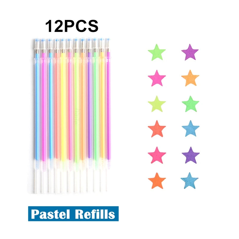 12/24Pcs Metallic Glitter Colors Gel Pens & Pen Refills For School Office Adult Coloring Book Journals Drawing Art Markers