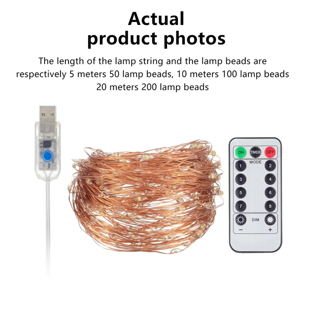 5M/10M/20M USB LED String Lights Copper Silver Wire Garland Light Waterproof Fairy Lights For Christmas Wedding Party Decorative