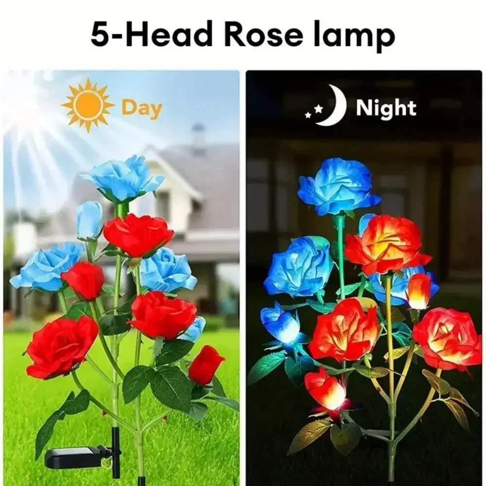 Garden Ground Light Solar Lawn Lamp LED Artificial 5 Head Rose Flower Holiday Summer Wedding Party Outdoor Yard Patio Decoration