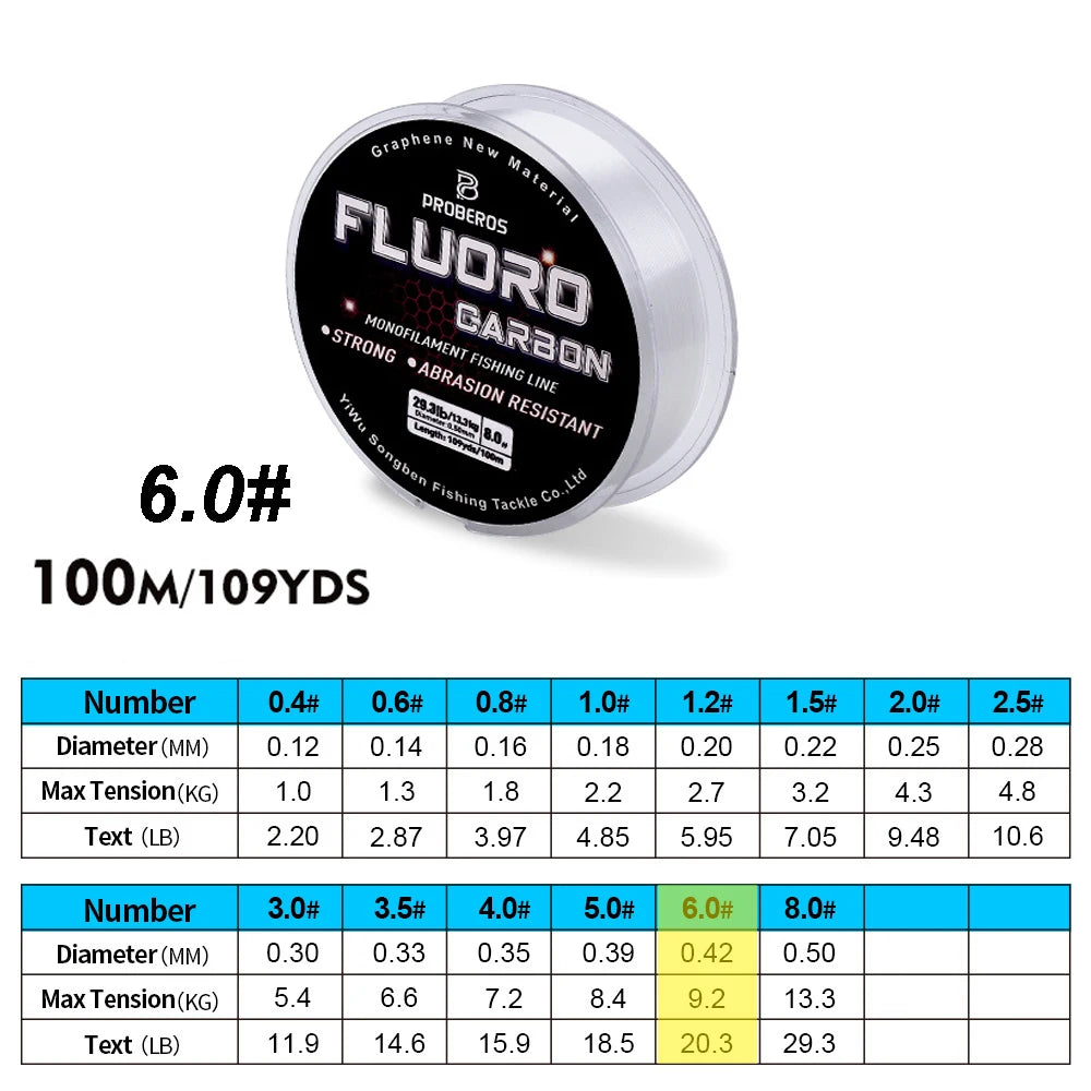 PROBEROS 100M Fluorocarbon Coating Fishing Line 2.2LB-29.3LB Carbon Fiber Monofilament Leader Line Carp Fishing Sinking Line