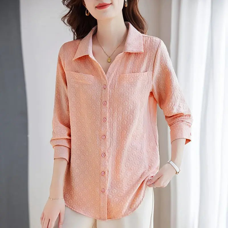 Long-sleeved Shirt for Women Autumn New Fashion Casual Versatile Jacket Fashionable Jacquard Lapel Belly-reducing Top Trendy