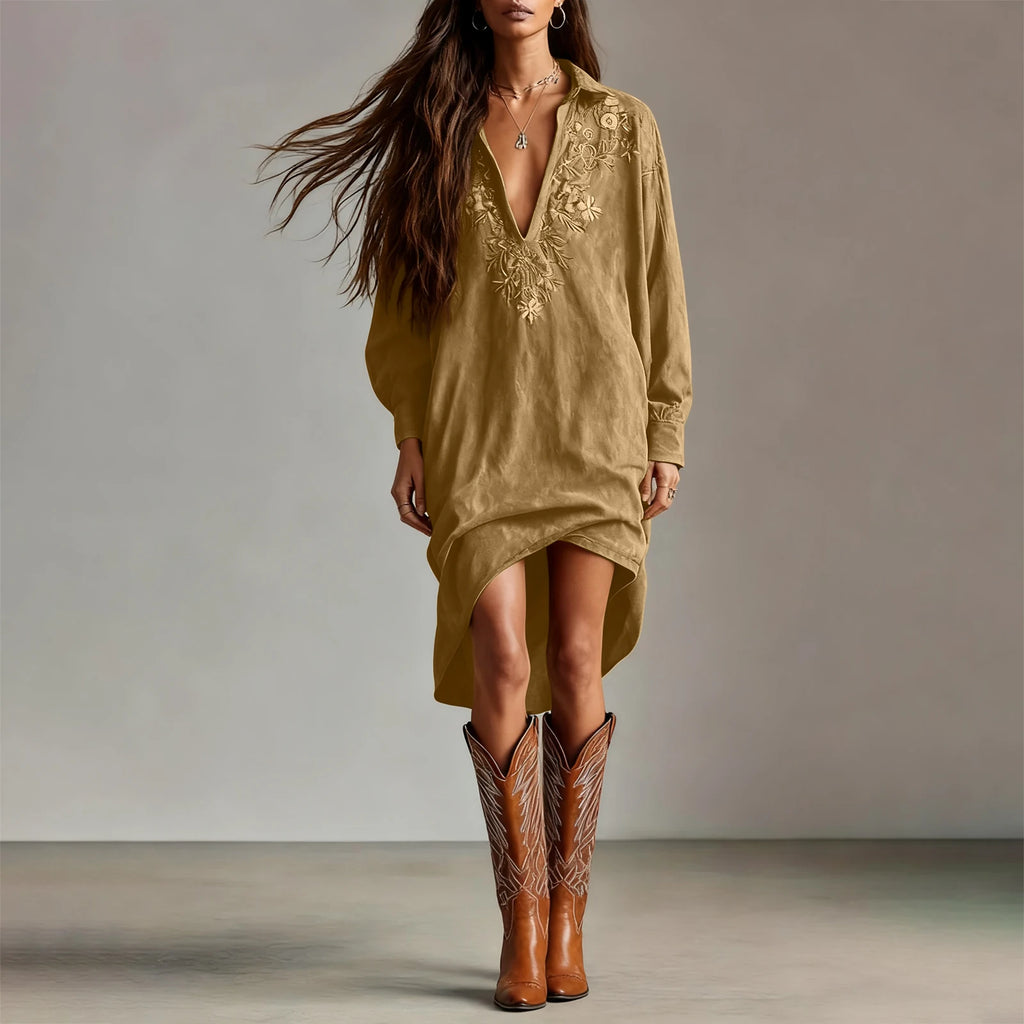 Dresses Womens Shirt Dress Terracotta Suede Embroidered High-Low Puff-Sleeve Bohemian Stylish Outfit Daily 2026 Trendy Vestido