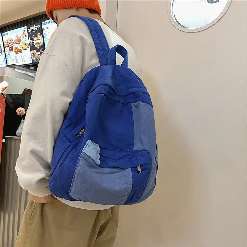 Fashion Panelled Women Backpack Canvas Kawaii Girl Travel Book Bags College Lady Laptop Backpacks Cute Travel Rucksack Schoolbag