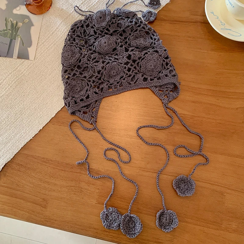 Handmade Hollowed Flower Fringed Knitted Hats for Women Spring and Summer Travel Photo Versatile Casual Retro Beanies Cap