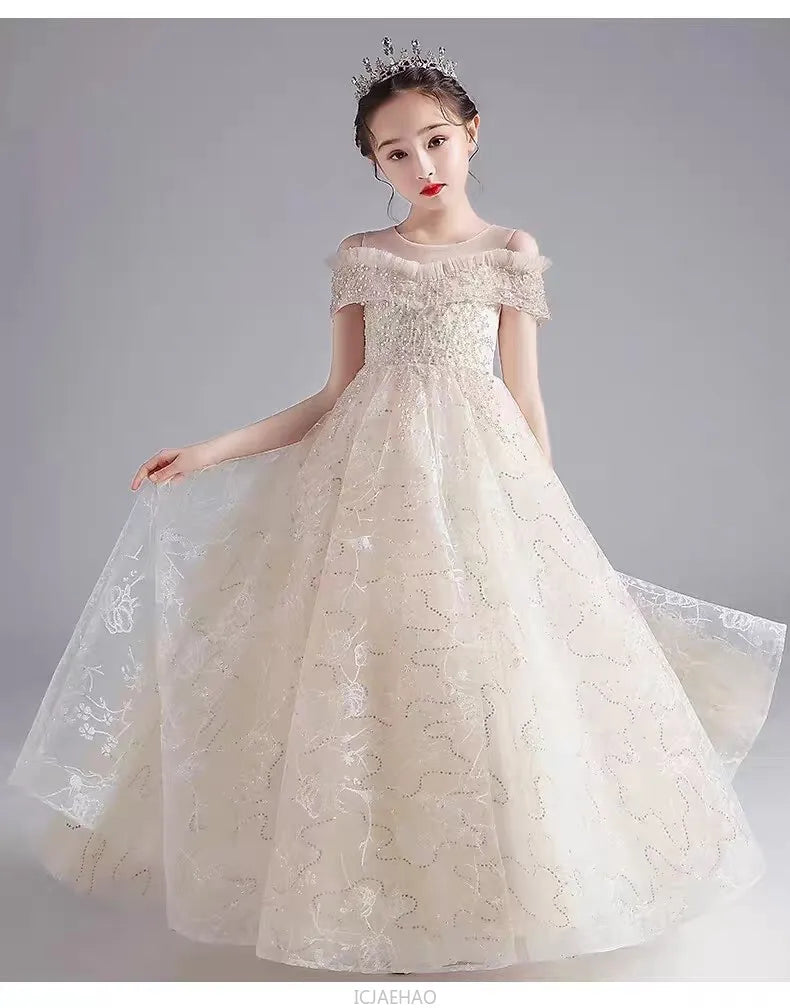 Long Dress 2025 Flower Girl Wedding Dresses Vestido Princess Gown Costume Kids Host Piano Outfits Children Girls Birthday Party
