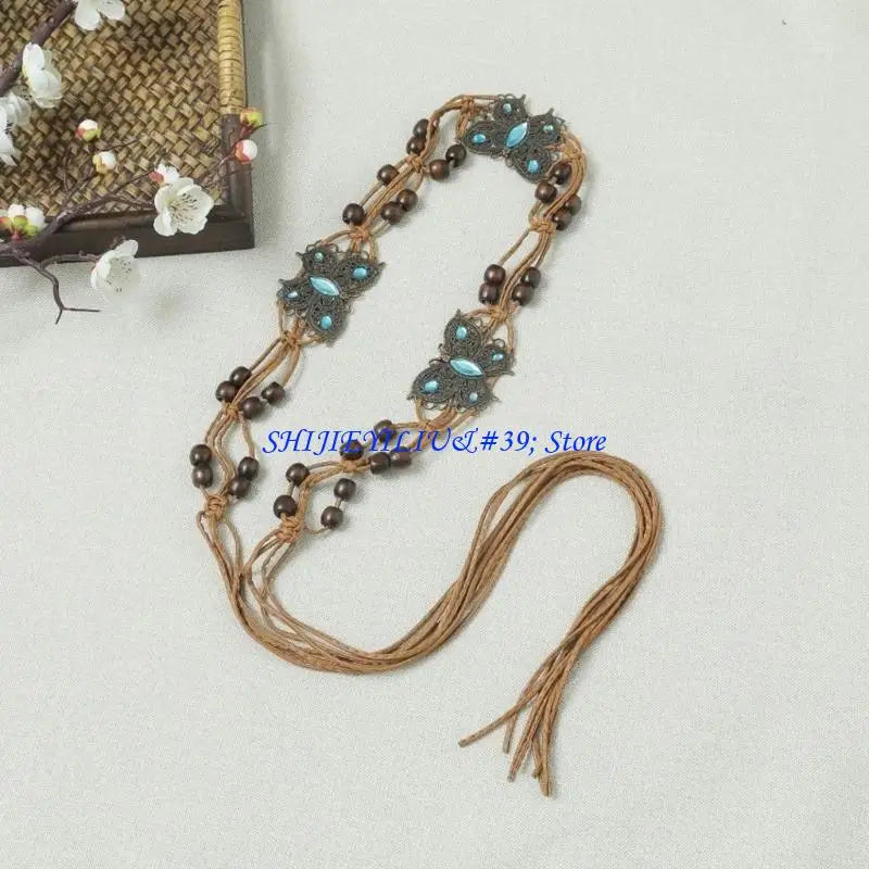E21F Brown Belt with Beads Butterflies Vintage Tassel Cotton Rope Waist Chain Woven Waist Belts for Dress Party Dance Show