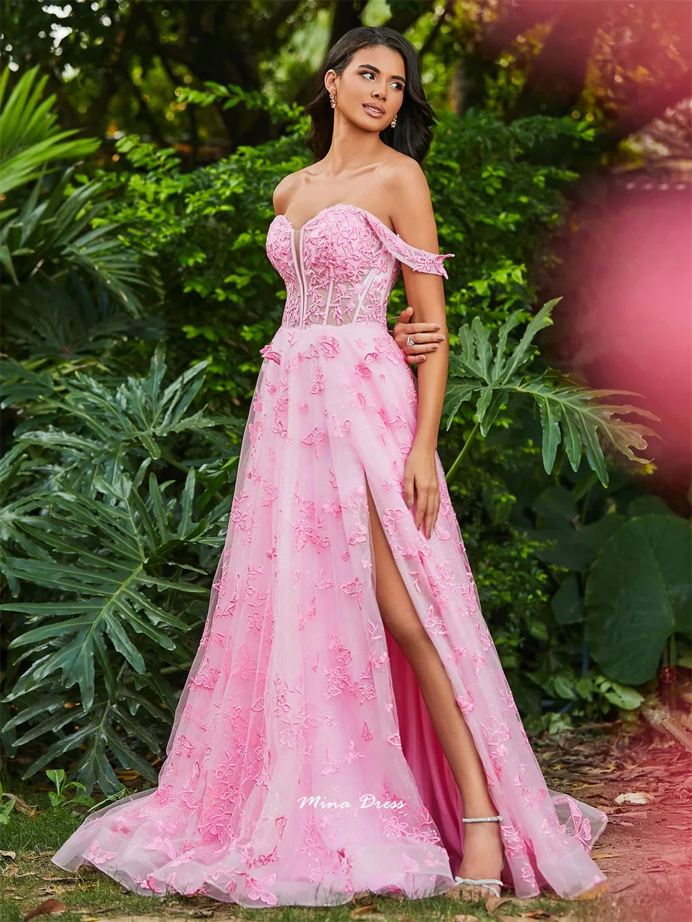 Mina Customized Pink Dresses Gala Dress High Slit Sleeveless Elegant Chic Woman Evening Dress 3D Flowers Backless Party Women's