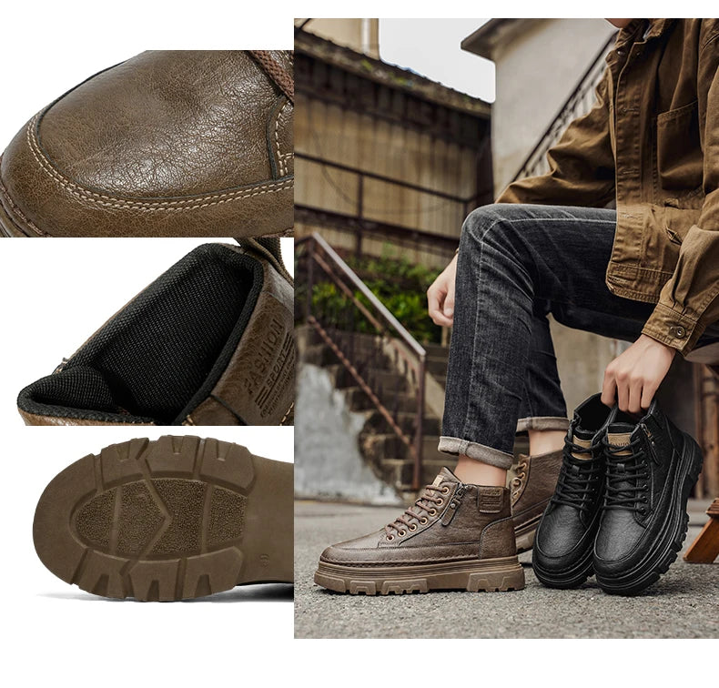 Men Boots Autumn Leather Waterproof Mid-top Sports Shoes New Fashion Ankle Boots Casual Outdoor Hiking Boots Shoes Male Sneakers