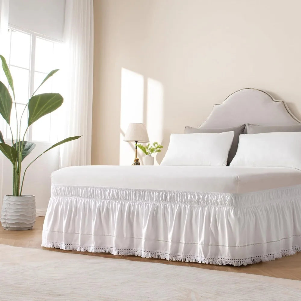 Bed Decoration Elastic White Fringed Bed Skirt Stretchable Dust-proof Under-bed Covering Skirt Ruffled Romantic Bedspread Inn