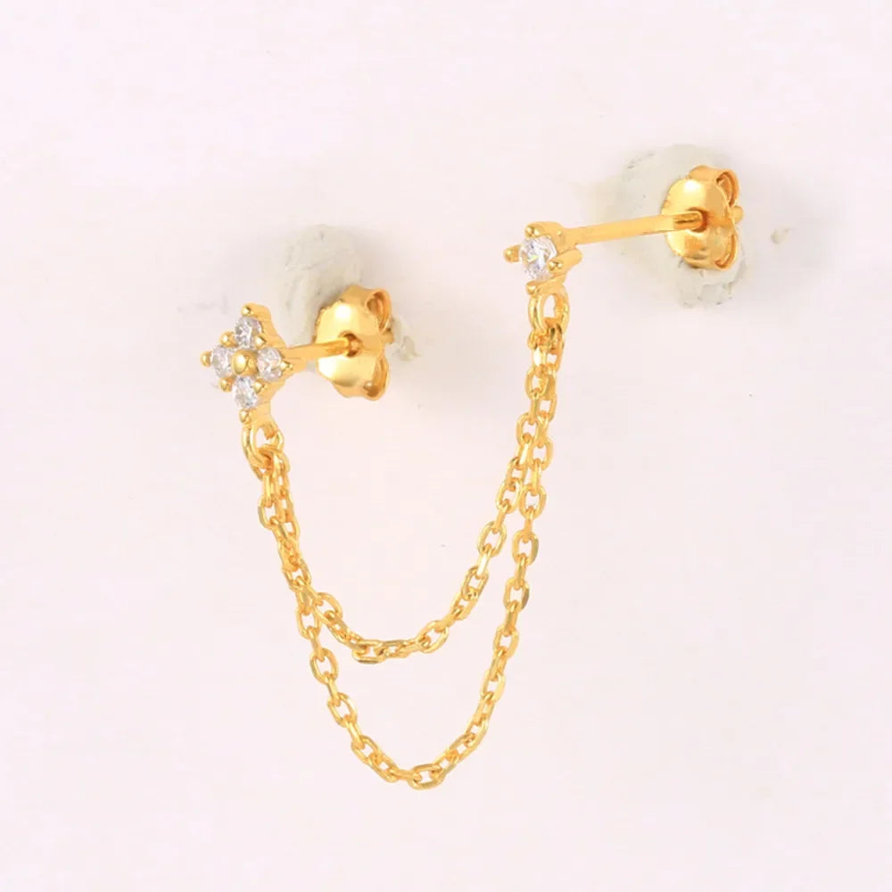 New Arrival Double Ear Studs Tassel Chains Hanging Earrings for Women Ear Piercing 3 Metal Color Luxury CZ Hot Jewelry