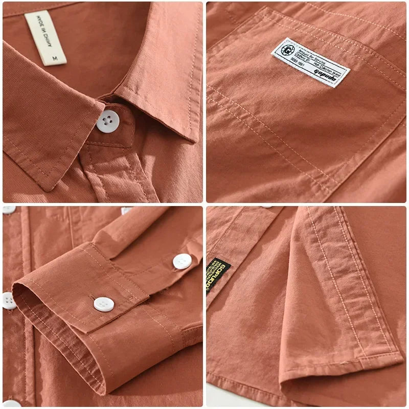 Japanese Fresh Mens Long Sleeve Shirts Spring Summer Daily Casual Man Shirts Lapel Pocket Yellow Shirt Pure Cotton Top Simple